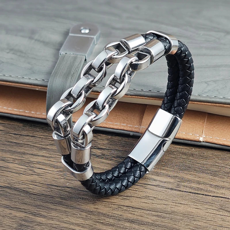 Multi layer men's leather bracelet stainless steel mechanical feel Cuban chain geometric pattern Bangles for Male Jewelry Gift
