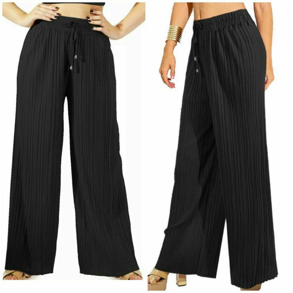 Women's Wide Leg Trousers Harem Pleated Crinkle Flared Pants Palazzo Plain Baggy image 1