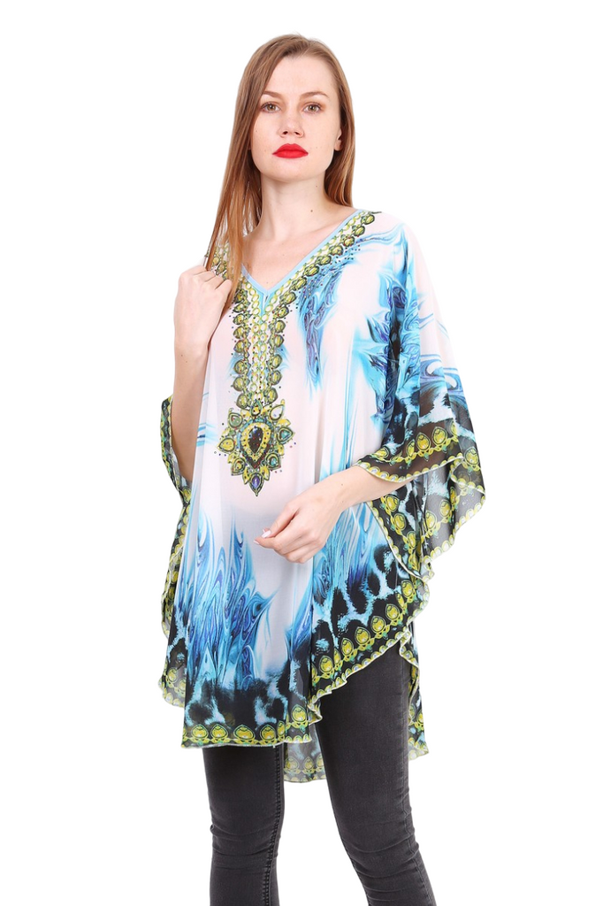 Ladies Printed poncho with rhinestones Summer Top Tunic Holiday Casual Oversized image 2