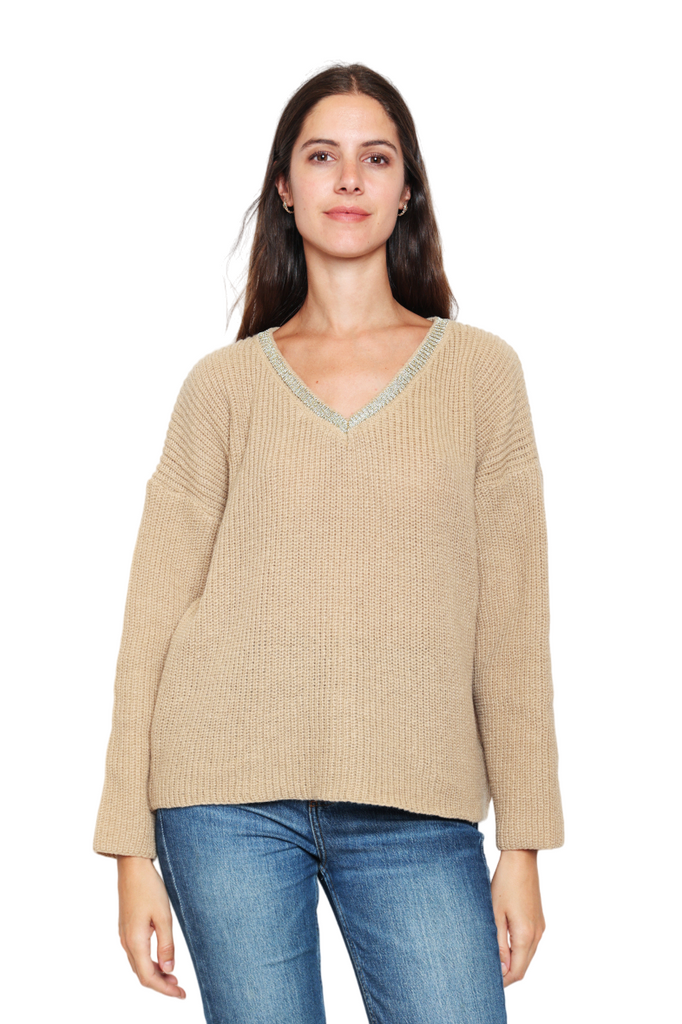 Women's Jumper Stylish Oversized Gold V-neck Wool Sweater Plain Pullover Sweater image 6