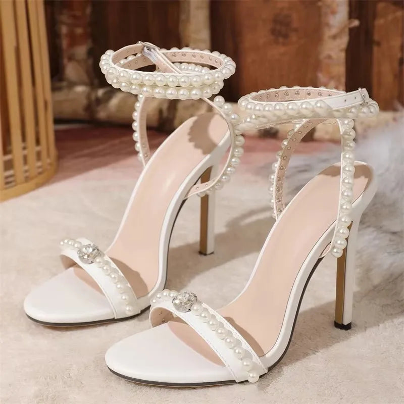 Women’s Sexy High Heel Sandals Open Toe Beaded Ankle Strap Wedding Party Shoes Summer Evening Dress Bridal Pumps