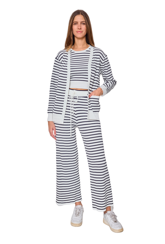 Women's Lounge Set 3 Pieces Striped Bottom Top Cardigan Set Comfortable Outfit image 1