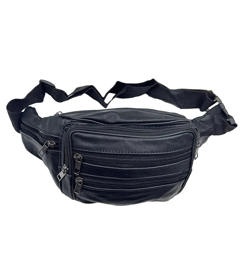 Large multi-zip leather fanny pack