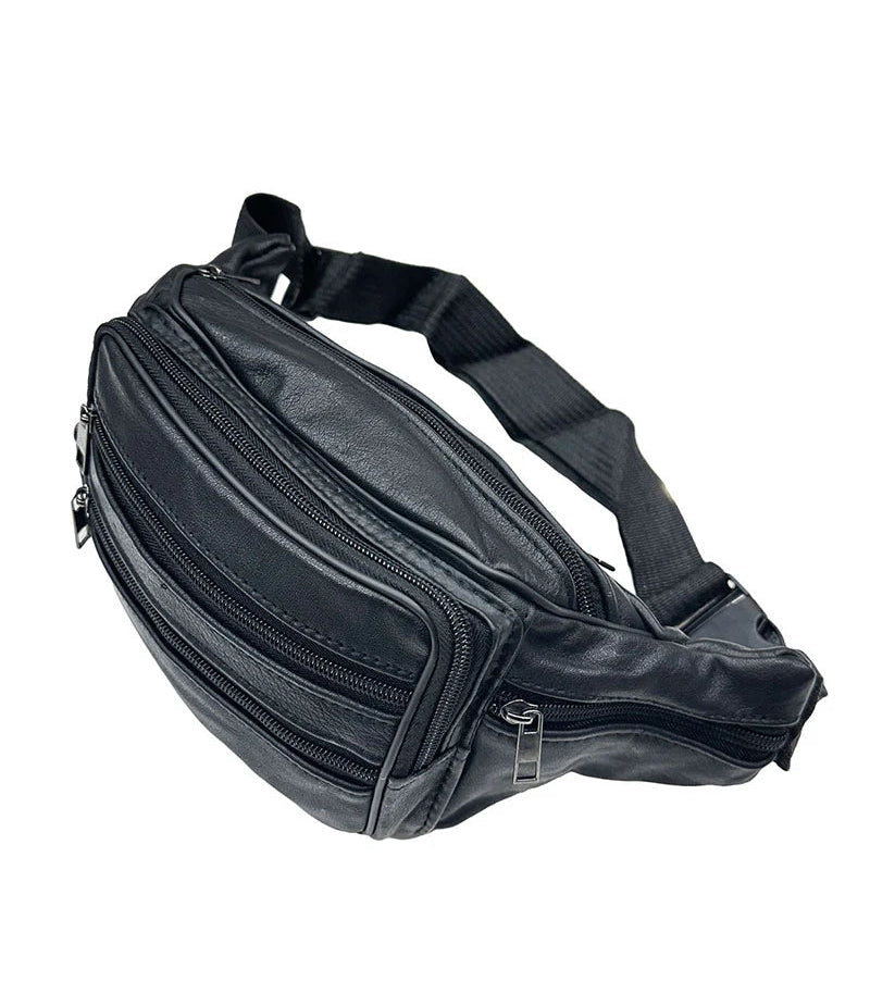Large multi-zip leather fanny pack