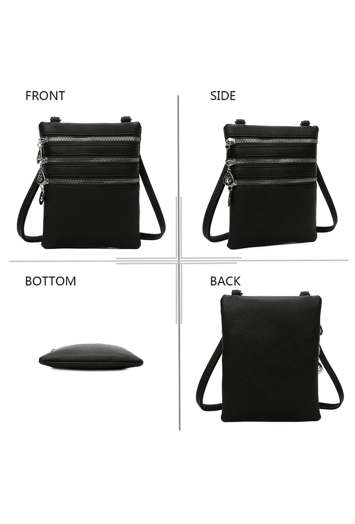 Womens Leather Multi Zip Shoulder Bag Black