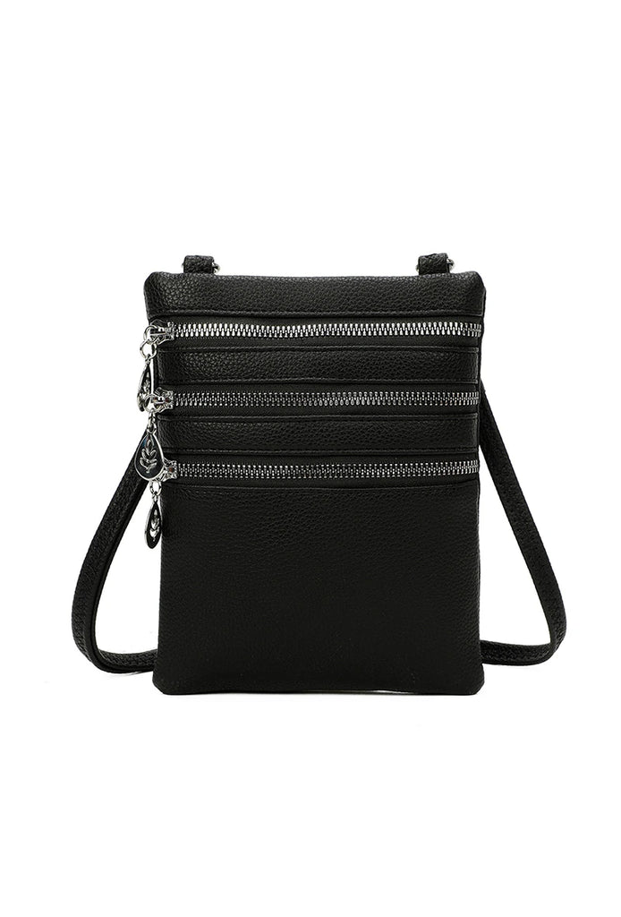 Womens Leather Multi Zip Shoulder Bag Black