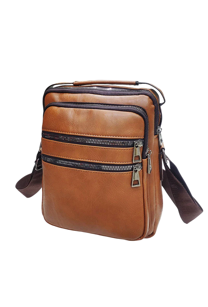 Leather Shoulder Bag Top Handle Crossbody Bag Men Multiple Zipper Pockets Bag