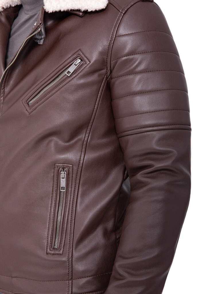 Men’s Leather Biker Jacket Sherpa Collar Brown Moto Style Winter Coat