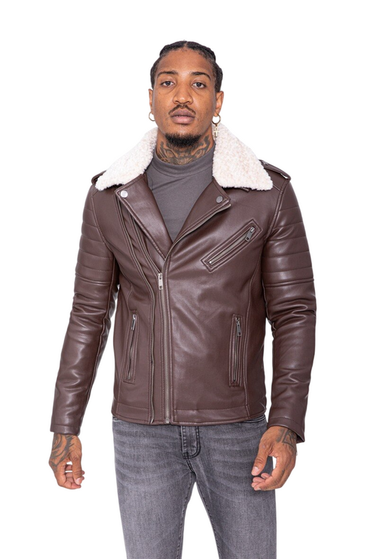 Men’s Leather Biker Jacket Sherpa Collar Brown Moto Style Winter Coat