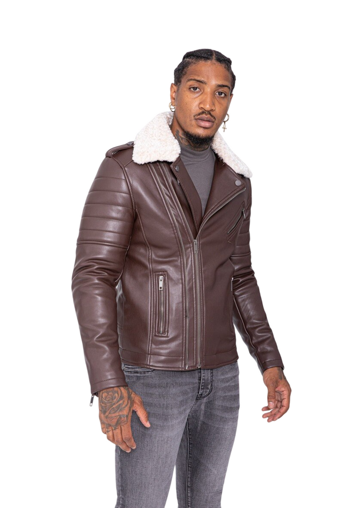 Men’s Leather Biker Jacket Sherpa Collar Brown Moto Style Winter Coat